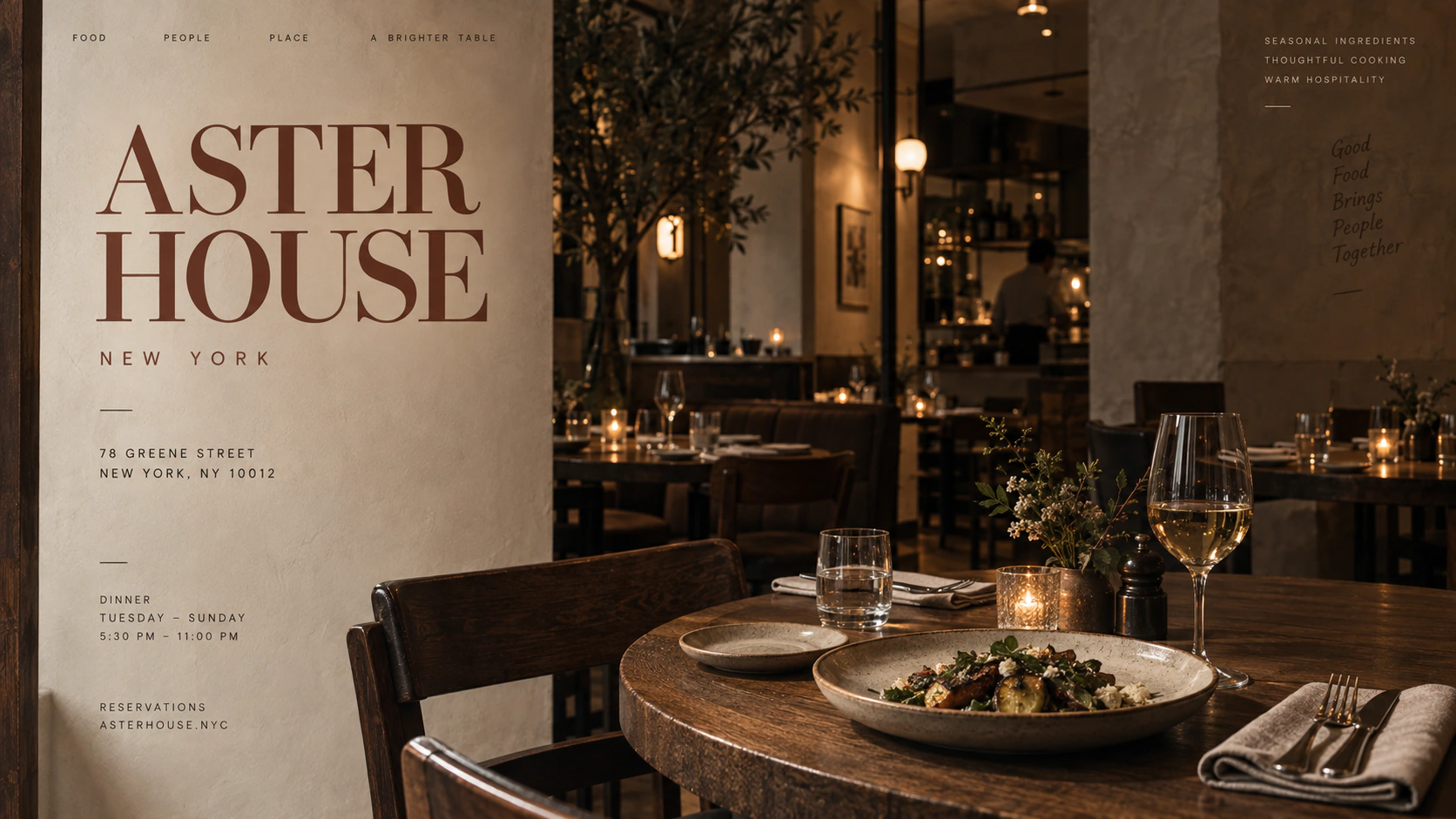 Aster House restaurant identity applied to a menu beside a warmly lit dining interior.