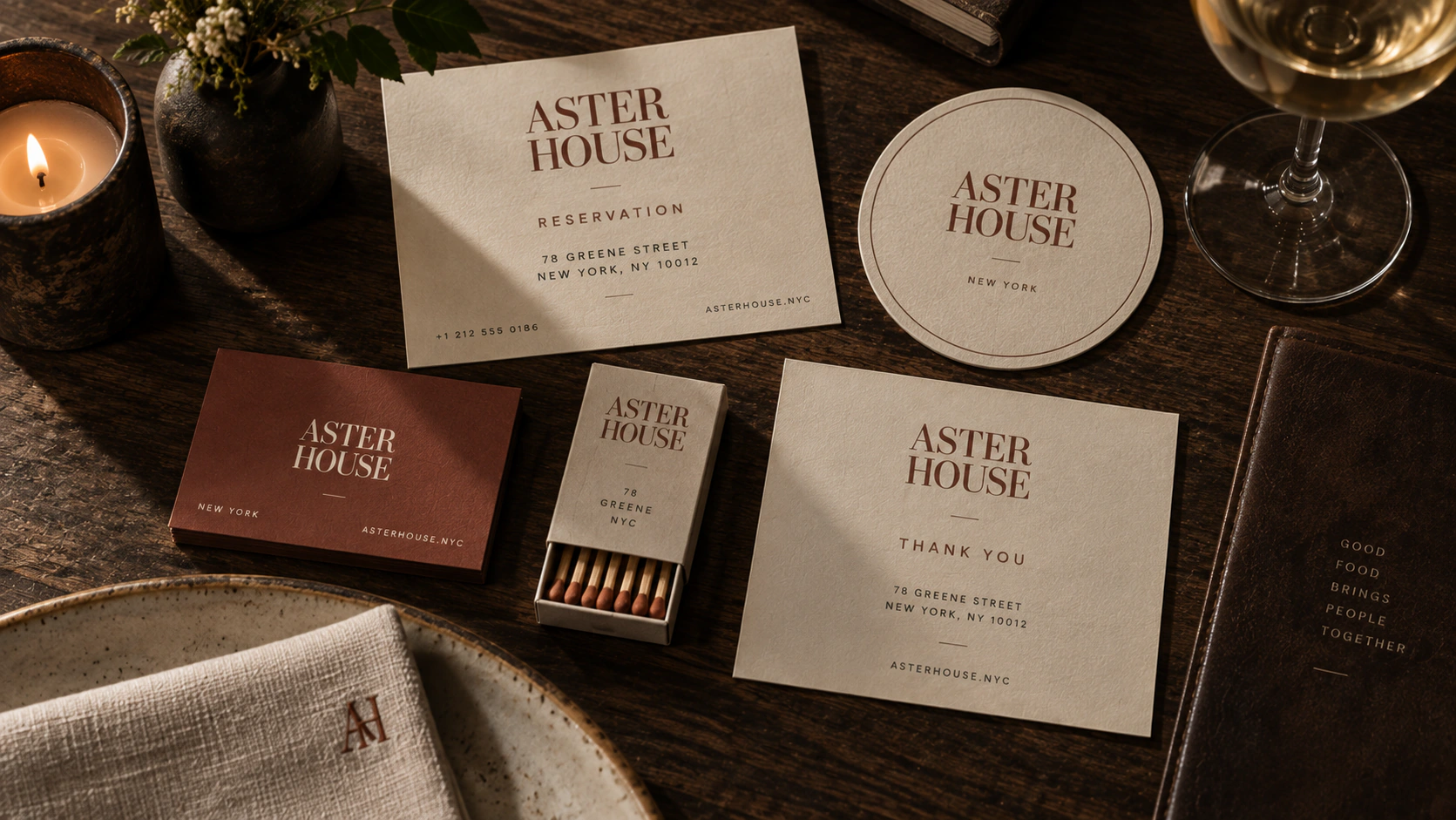 Aster House hospitality collateral including cards, coasters, matchbooks and printed details.