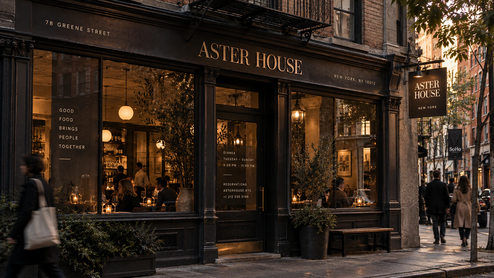 Aster House exterior restaurant signage applied to a dark street-facing facade.