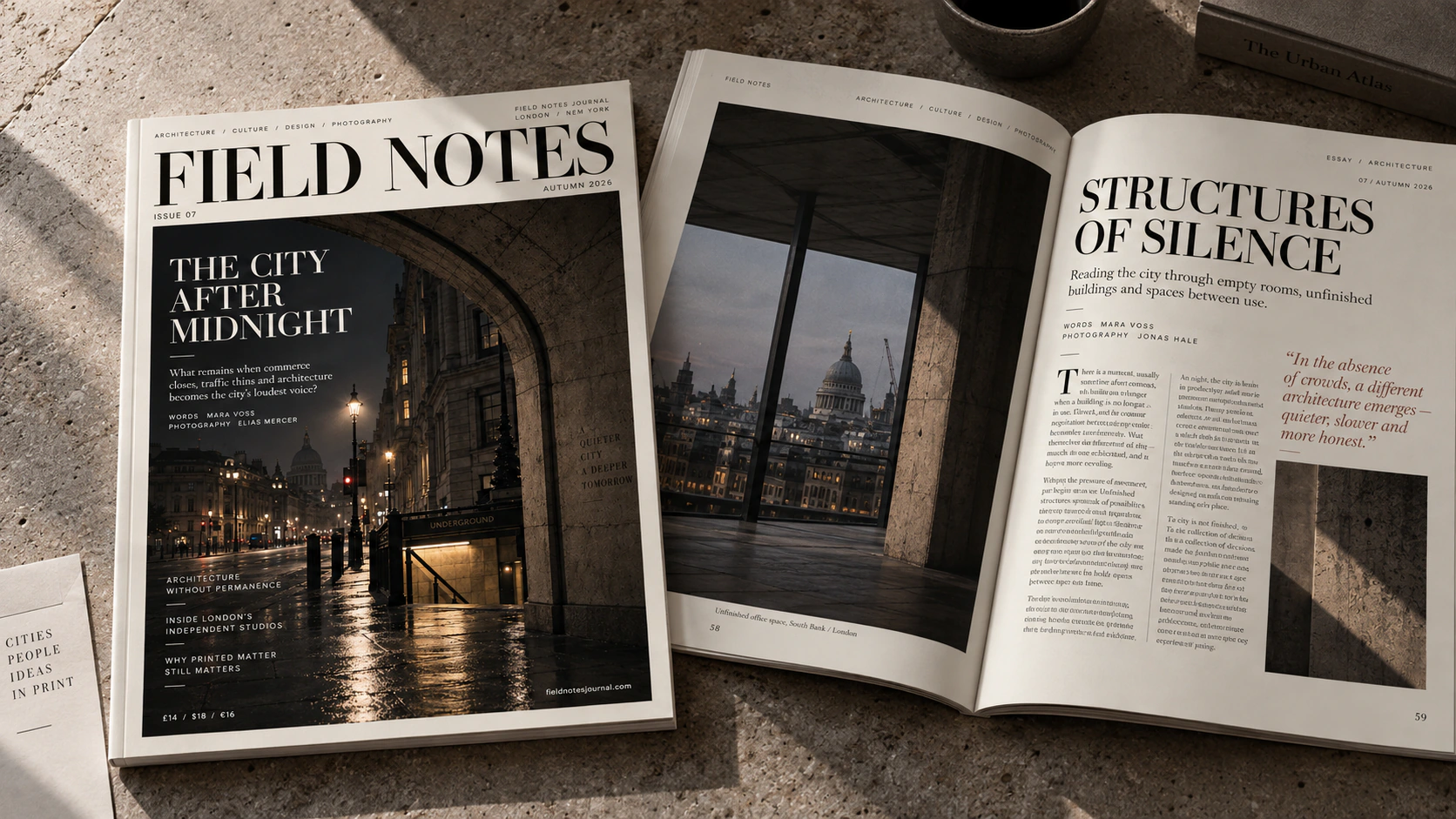 Field Notes magazine shown as a cover and open editorial spread about architecture and the city.