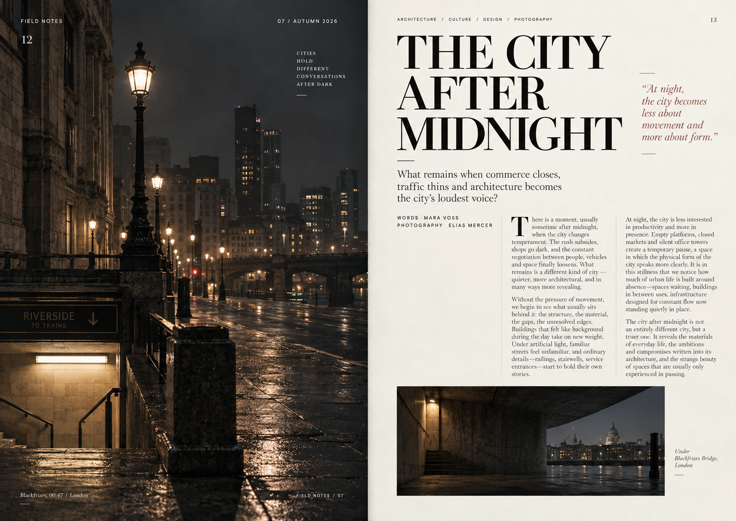 Field Notes feature layout pairing a night photograph with a structured long-form article page.