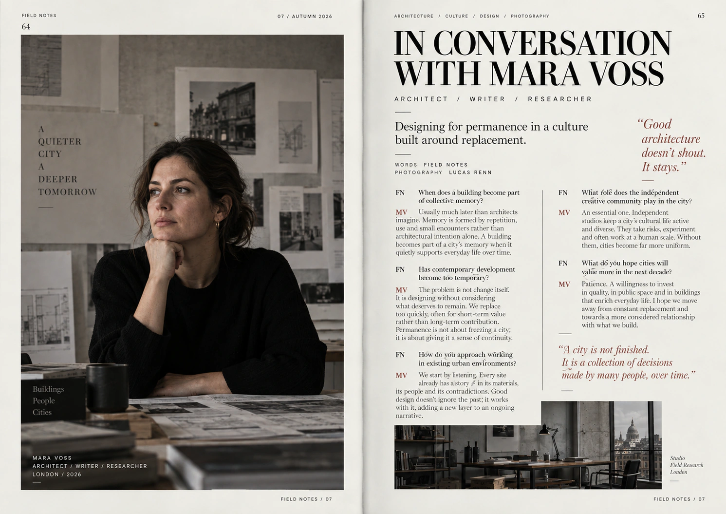 Field Notes interview spread balancing portrait photography, columns and editorial pull quotes.