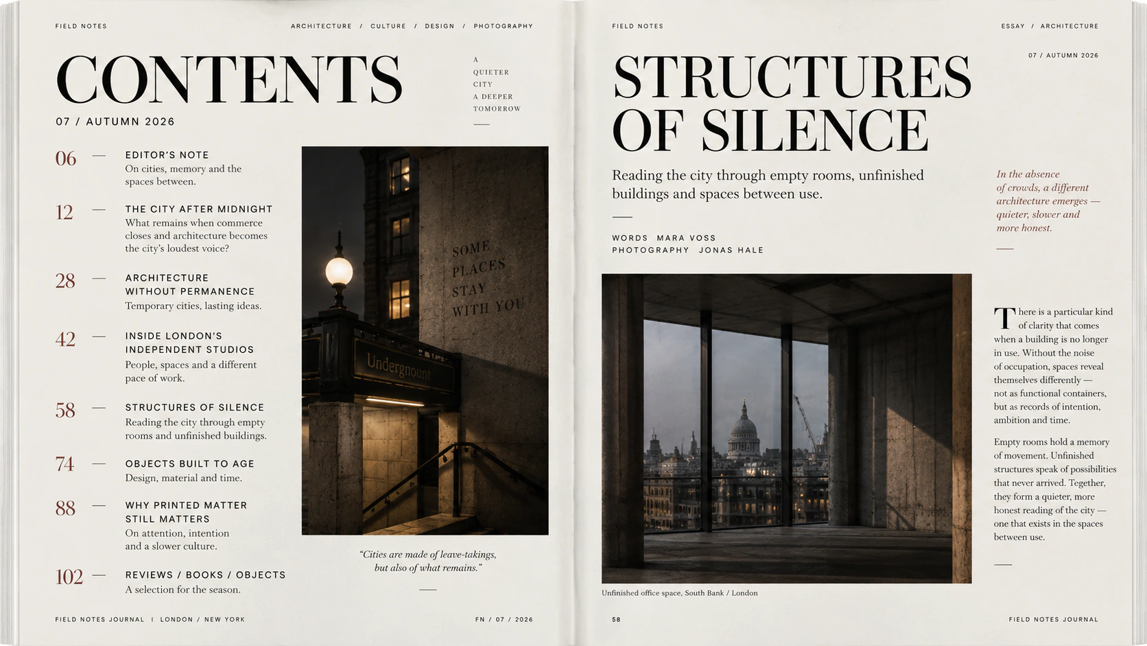 Field Notes contents and feature spreads demonstrating a repeatable publication grid.