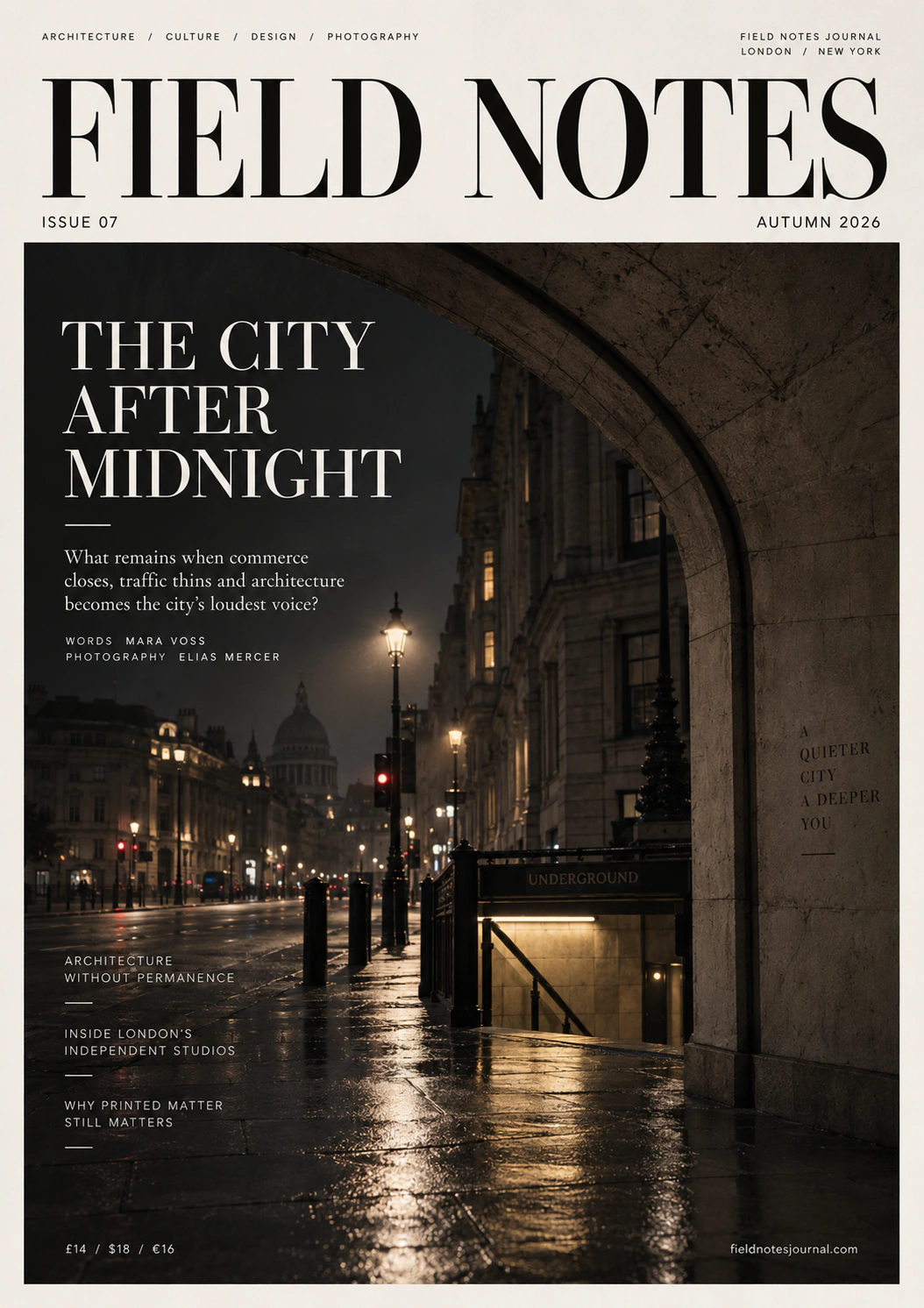 Field Notes architecture publication cover featuring a night street photograph and large serif masthead.