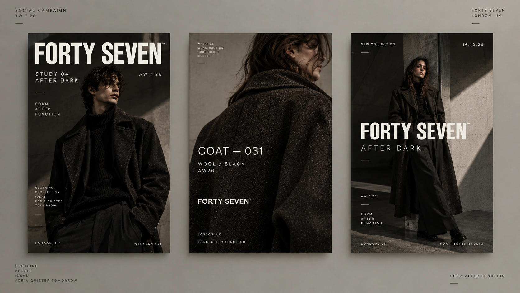 Forty Seven editorial campaign layouts applied across coordinated portrait and landscape formats.