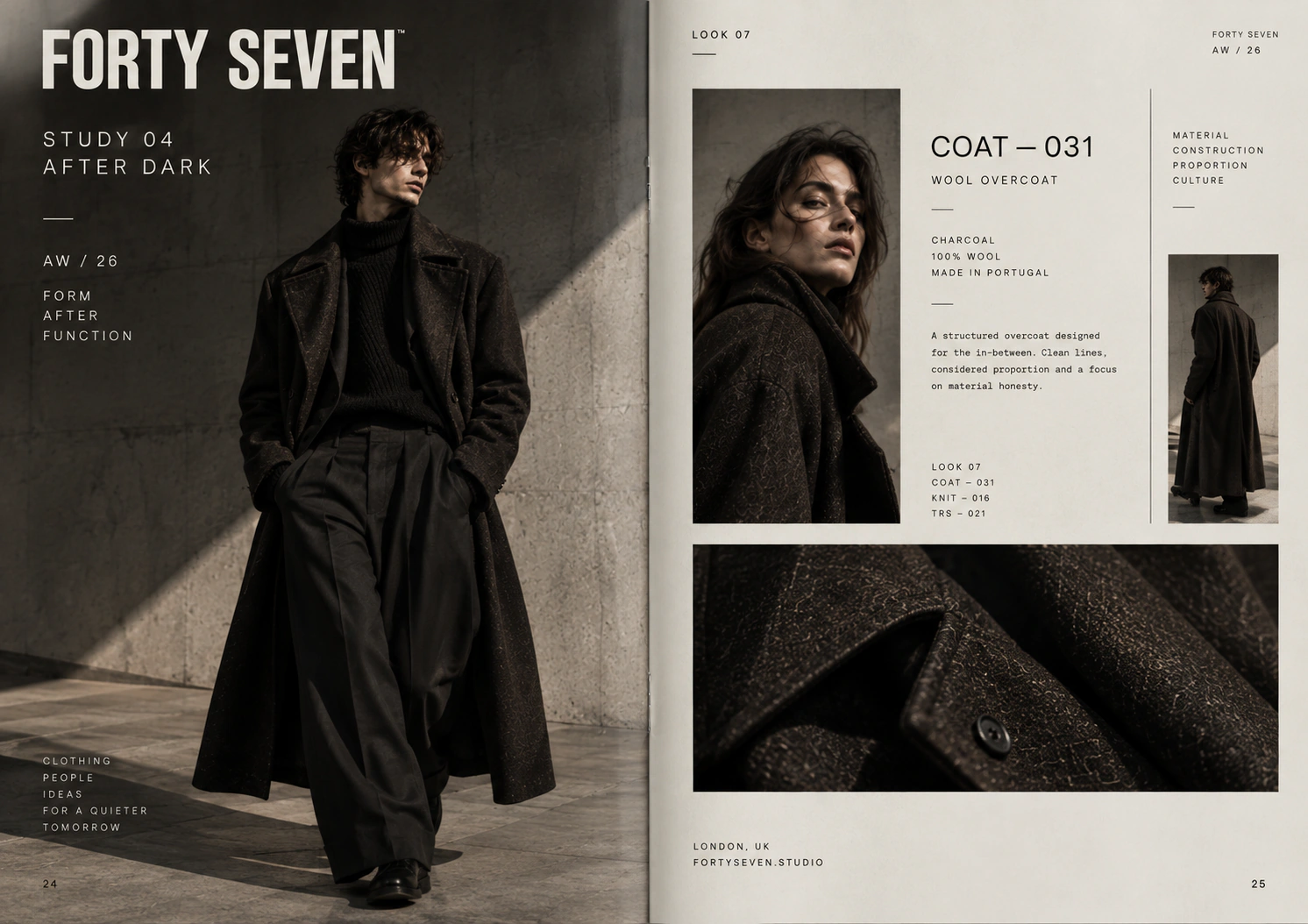 Forty Seven product and material editorial spread combining garment details with campaign typography.