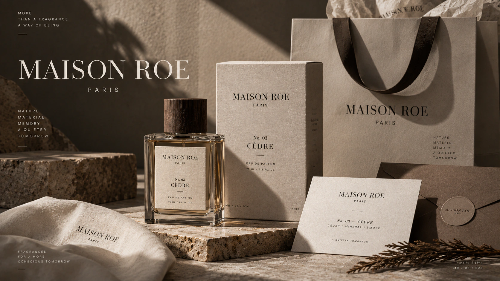 Maison Roe fragrance identity applied to bottles, cartons, cards and a shopping bag.