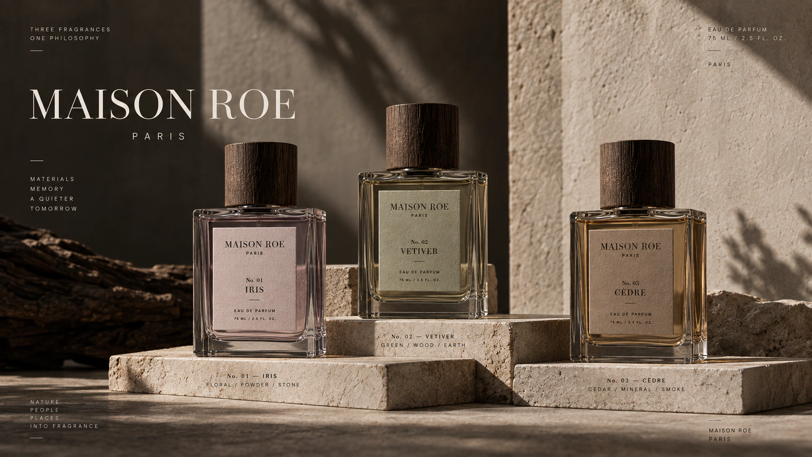 Maison Roe Cèdre fragrance bottle and packaging arranged on textured stone plinths.