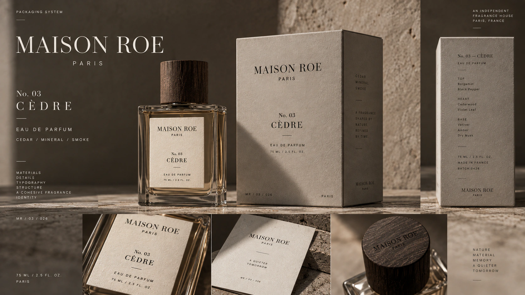 Maison Roe packaging system showing bottle labels, cartons and printed collateral.