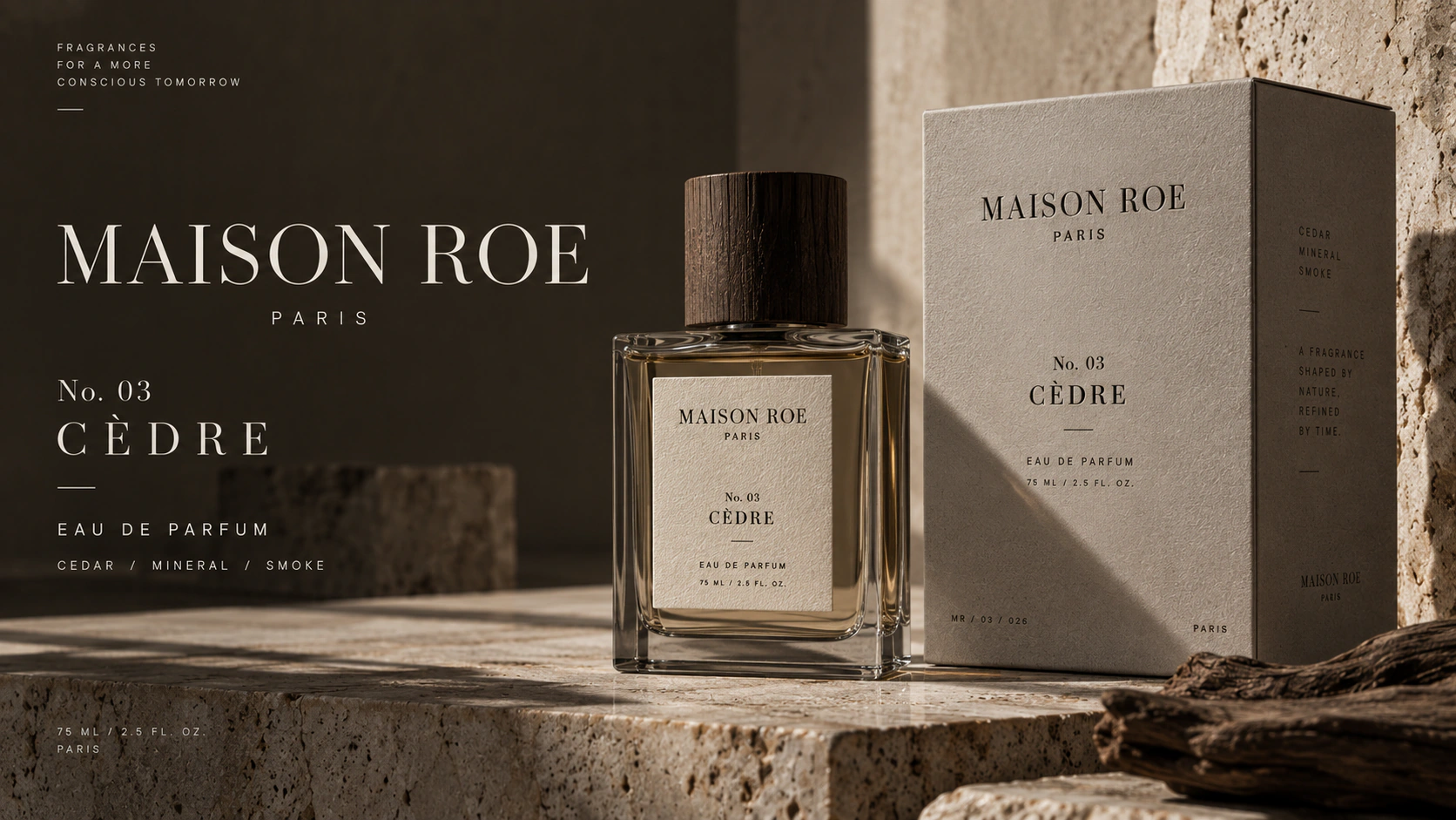 Maison Roe fragrance campaign composition pairing product packaging with material texture and shadow.