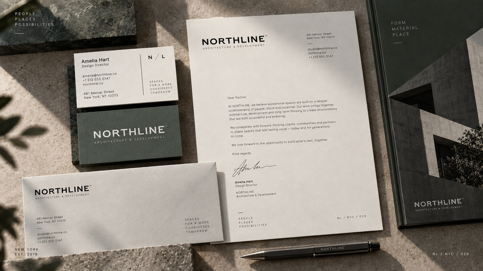 Northline identity system applied across stationery, documents and presentation materials.