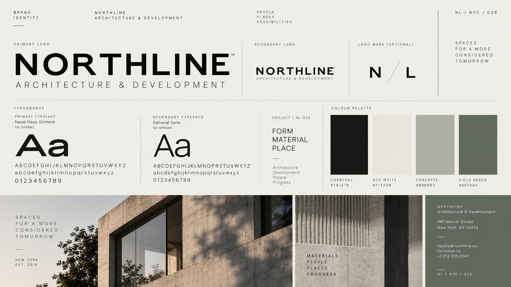 Northline brand guidelines showing wordmark, monogram, typography, palette and image direction.