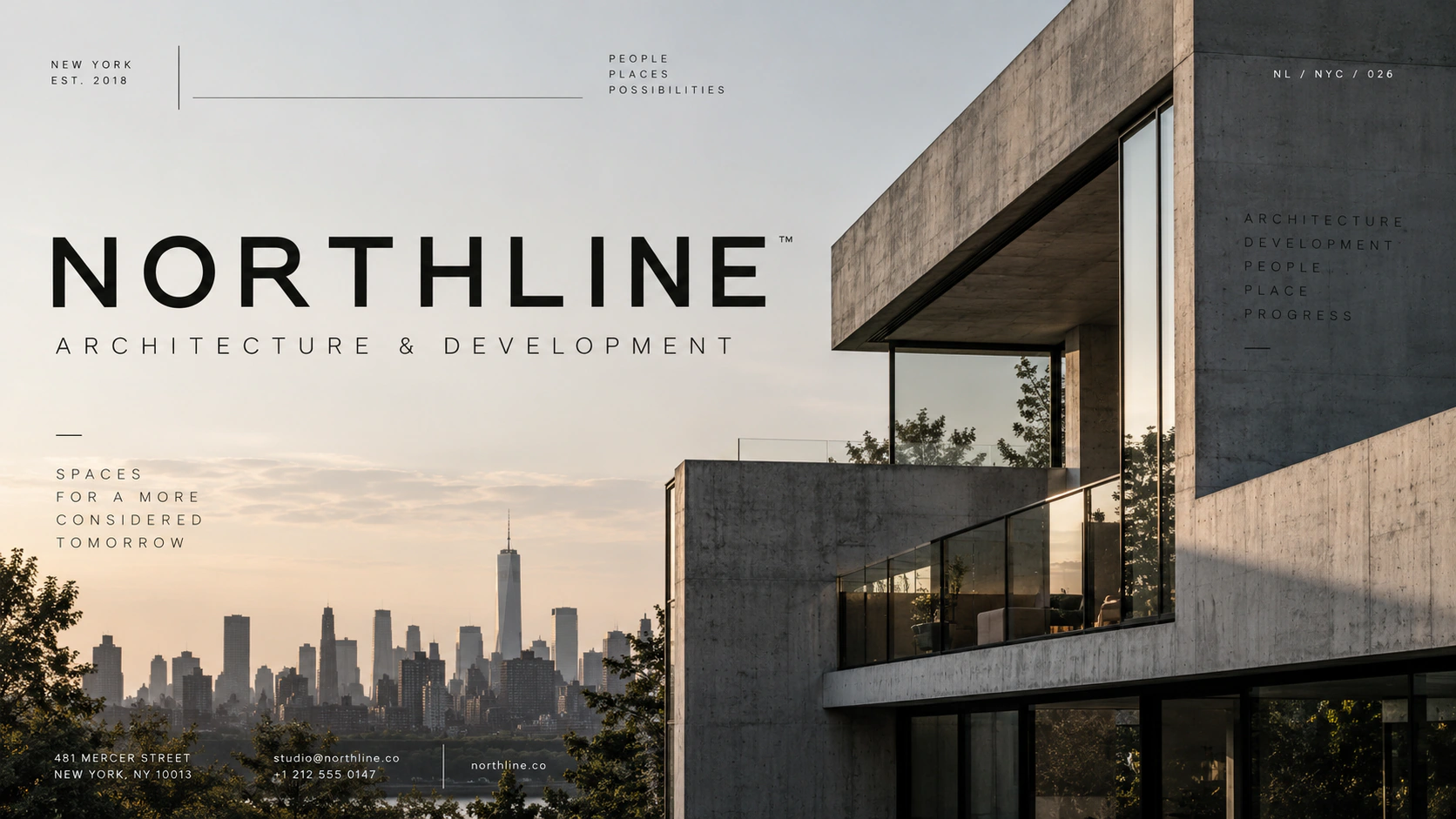 Northline architecture identity applied to a property campaign composition and environmental event graphic.